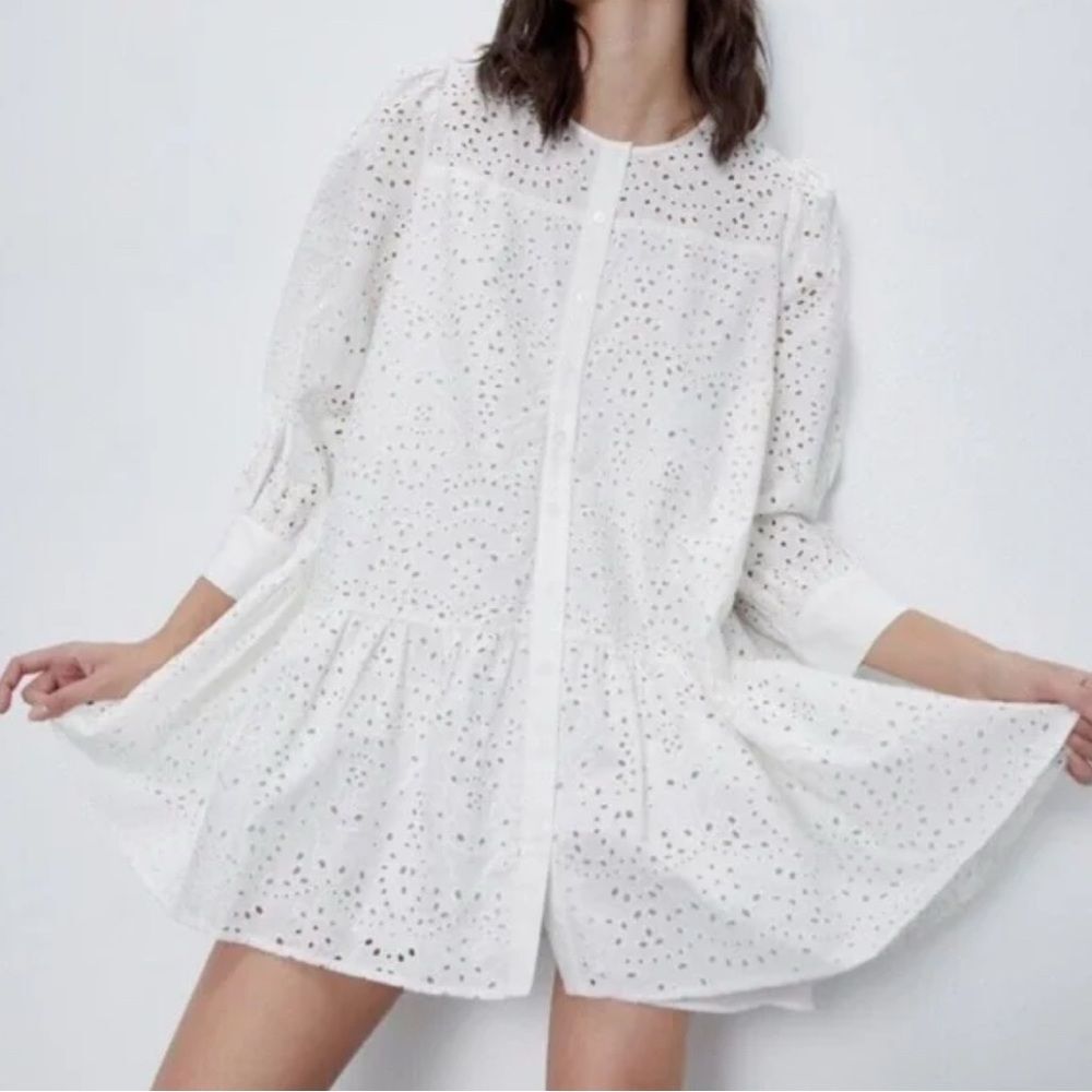 Zara White Eyelet Button-Up Dress/Cover-up/Jacket SZ XL